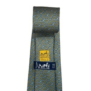 Hermes Mens Tie Geometric Links Blue/Yellow Silk 7325 EA 3.75" (W) x 58" (L) euc